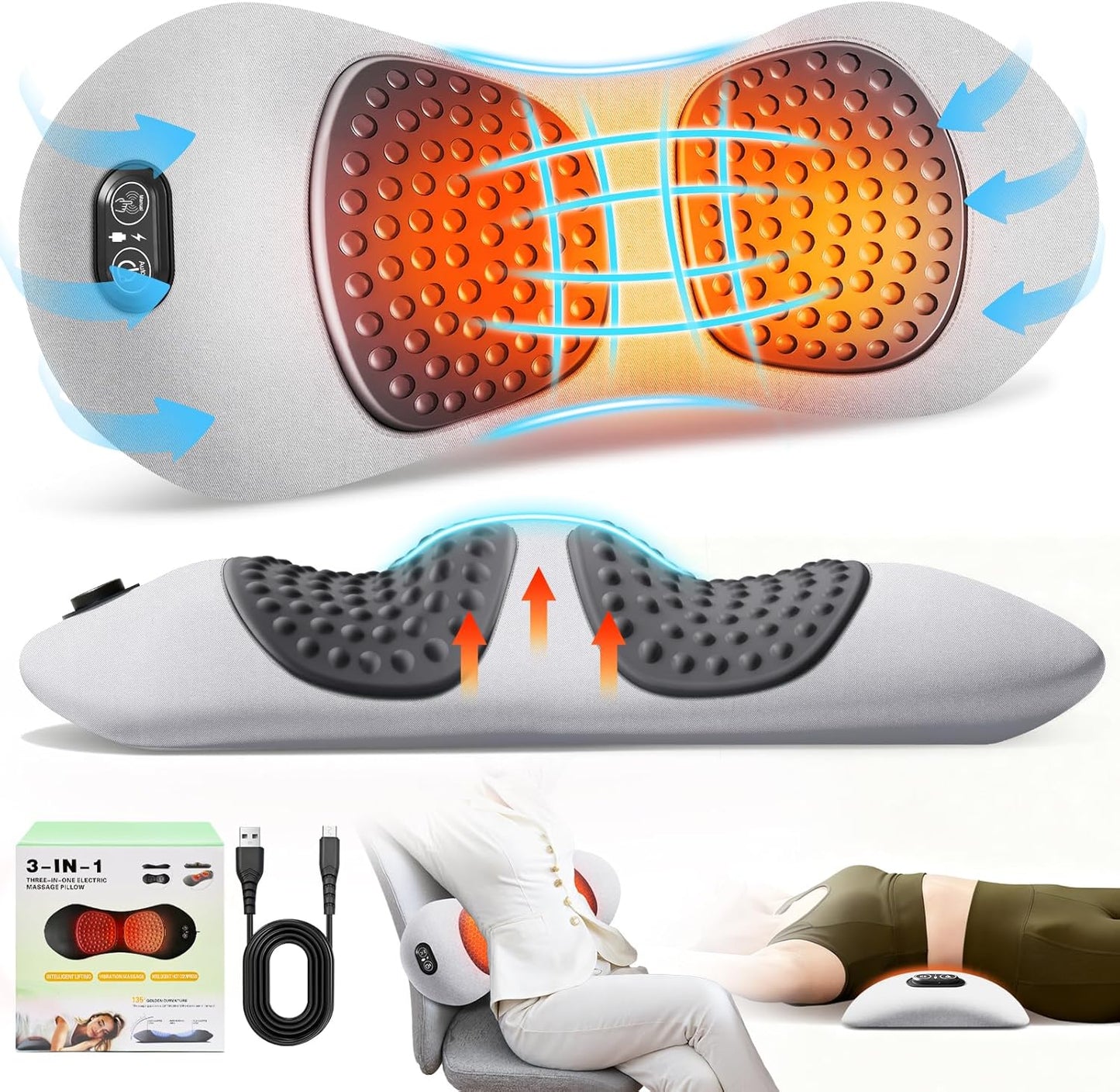 3-In-1 Electric Lumbar Support Pillow,Triple Fusion Back Massager with Heat,Vibration&Traction,Back Support Pillow for Bed and Chair,Lumbar Support Pillow for Lower Back Pain Relief-Lightgray