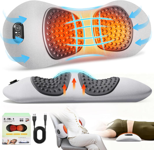 3-In-1 Electric Lumbar Support Pillow,Triple Fusion Back Massager with Heat,Vibration&Traction,Back Support Pillow for Bed and Chair,Lumbar Support Pillow for Lower Back Pain Relief-Lightgray