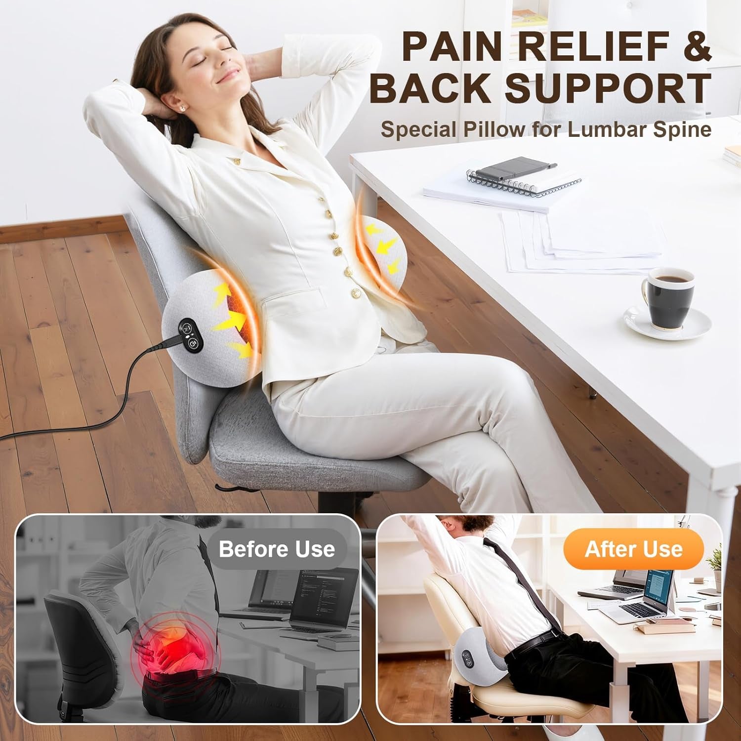 3-In-1 Electric Lumbar Support Pillow,Triple Fusion Back Massager with Heat,Vibration&Traction,Back Support Pillow for Bed and Chair,Lumbar Support Pillow for Lower Back Pain Relief-Lightgray