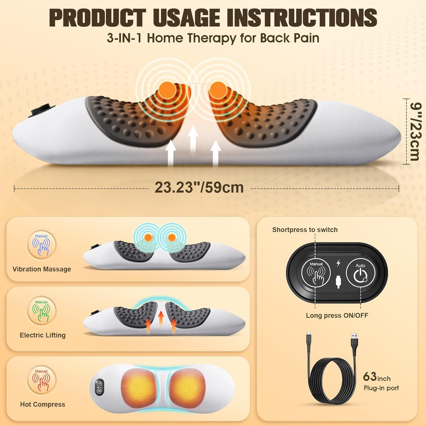 3-In-1 Electric Lumbar Support Pillow,Triple Fusion Back Massager with Heat,Vibration&Traction,Back Support Pillow for Bed and Chair,Lumbar Support Pillow for Lower Back Pain Relief-Lightgray